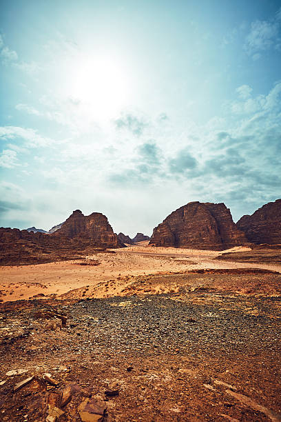 istock Amazing landscape with red rocks  in Wadi Rum desert 637113128