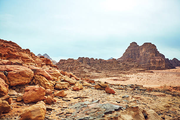istock Great sunny landscape with red rocks in Wadi Rum desert 637113860