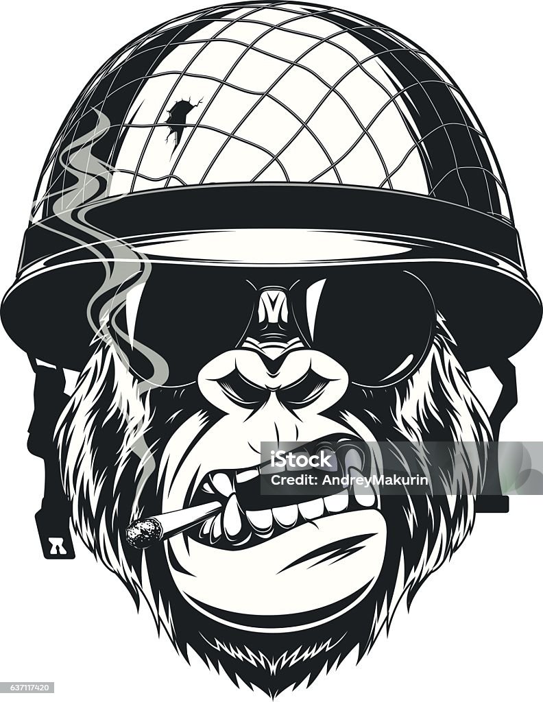 Monkey soldier with a cigarette Vector illustration of a monkey American soldier smokes a cigarette in a helmet with glasses Gorilla stock vector
