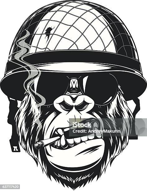 Monkey Soldier With A Cigarette Stock Illustration - Download Image Now - Gorilla, Human Face, Chimpanzee
