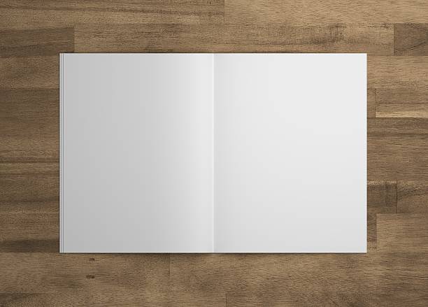 Blank 3D illustration opened magazine mock-up on wood.