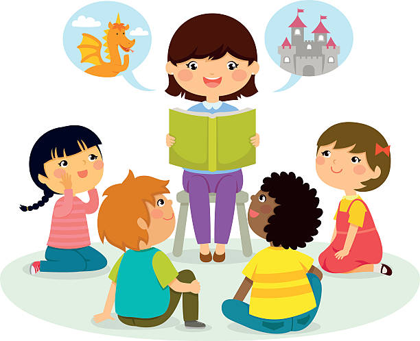 story time woman reading a book to young children kids reading clipart stock illustrations