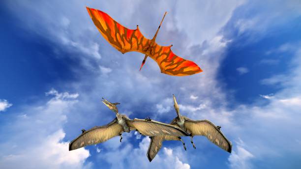 istock Flying pterodactyl against the beautiful cloudscape 3d illustration 637119940