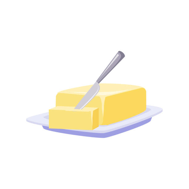 Brick Of Butter On Plate With Knife, Milk Based Product Brick Of Butter On Plate With Knife, Milk Based Product Isolated Icon. Simple Realistic Flat Vector Colorful Drawing On White Background. butter stock illustrations