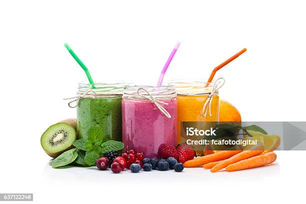 Blended Fruit Smoothies Stock Photo - Download Image Now - Smoothie, Juice - Drink, White Background