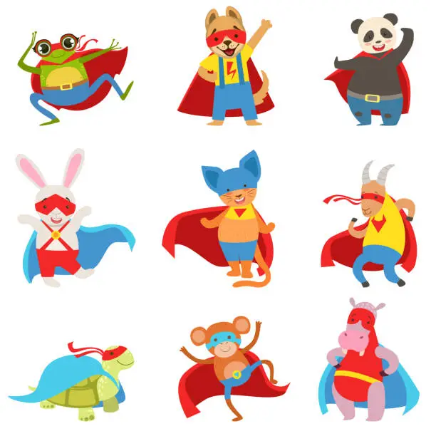 Vector illustration of Animals Dressed As Superheroes With Capes And Masks Set