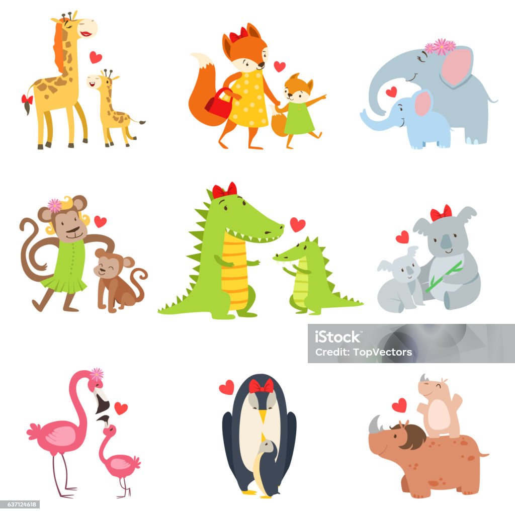 Animals superheroes_Set_1 Small Animals And Their Moms Illustration Set. Colorful Childish Style Cartoon Animals In Parent Child Pairs Isolated On White Background. Crocodile stock vector