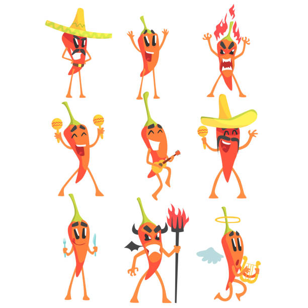 chili pfeffer cartoon charakter emotion illustrationen set - devil chili stock-grafiken, -clipart, -cartoons und -symbole