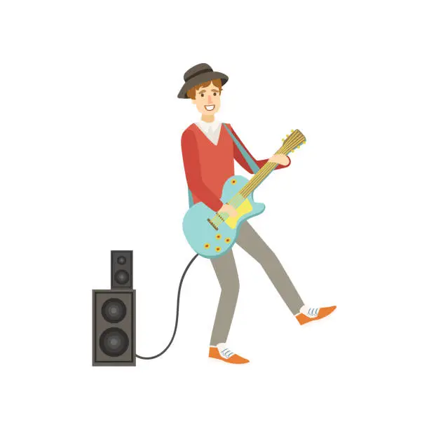 Vector illustration of Guy Playing Electro Guitar, Creative Person Illustration