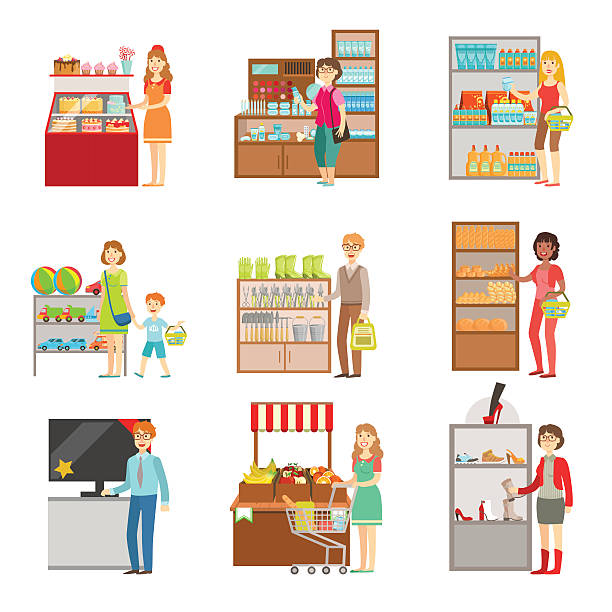 ludzie zakupy w domu towarowym zestaw ilustracji - shopping supermarket department store women stock illustrations