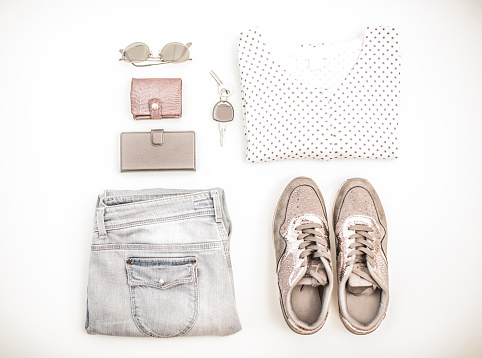 Set of Casual Female Clothes and Accessories Isolated