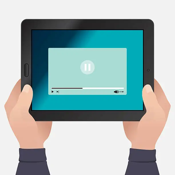 Vector illustration of Hands Holding Tablet With Paused Video