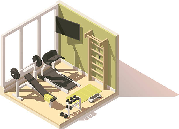 Vector isometric low poly gym oom icon Vector isometric low poly gym and fitness room cutaway icon. Room includes gym exercise equipment and machines gym drawings stock illustrations