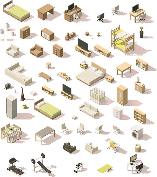 Vector isometric low poly domestic furniture set Vector isometric low poly domestic furniture and appliances set chair illustrations stock illustrations