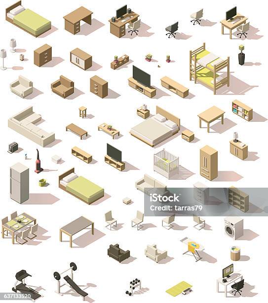 Vector Isometric Low Poly Domestic Furniture Set Stock Illustration - Download Image Now - Isometric Projection, Furniture, Three Dimensional