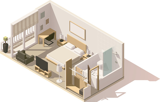 Vector isometric low poly hotel room cutaway icon. Room includes twin bed, table, other furniture, tv and bathroom