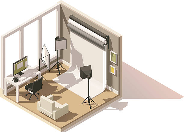 Vector isometric low poly Photo studio room icon Vector isometric low poly Photo studio room cutaway icon. Room includes camera, reflectors, lights, backdrop and other photography equipment photo shoot stock illustrations