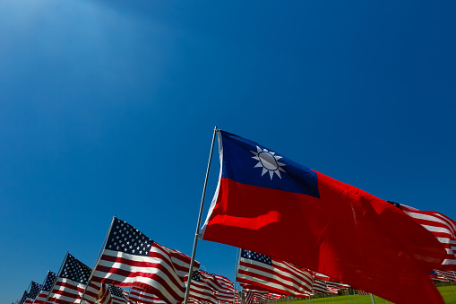 Flag of Taiwan flying in a field of American Flags.