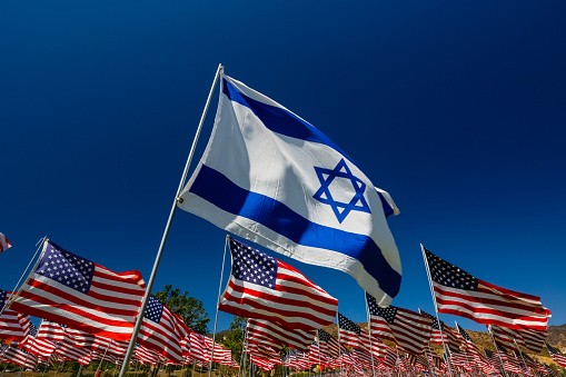 Israeli Flag flying in a field of American Flags.