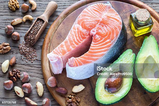 Food With Omega3 Fats Stock Photo - Download Image Now - Omega-3, Salmon - Animal, Salmon - Seafood