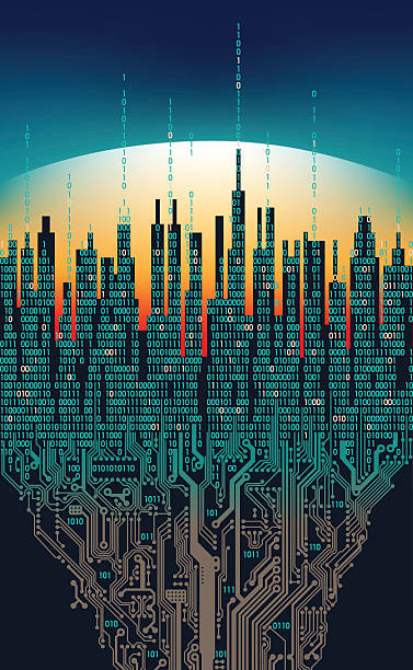 온라인 도시. 추상적 미래디지털도시, 하이테크 정보 개념 - computer language binary code coding city stock illustrations