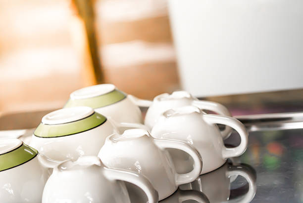 White tableware in coffee shop