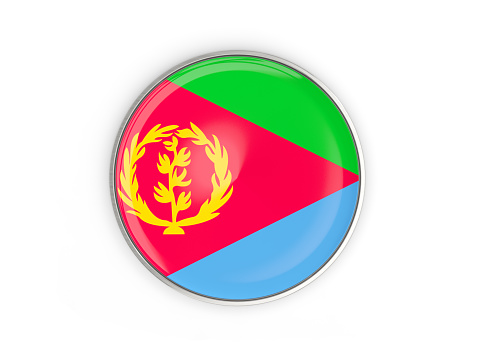 Flag of eritrea, round icon with metal frame isolated on white. 3D illustration