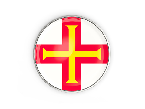 Flag of guernsey, round icon with metal frame isolated on white. 3D illustration