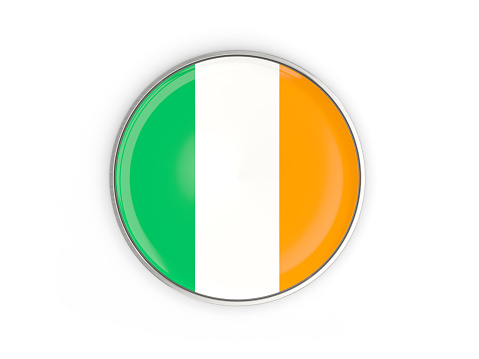 Flag of ireland, round icon with metal frame isolated on white. 3D illustration