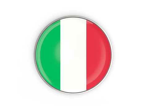 Flag of italy, round icon with metal frame isolated on white. 3D illustration