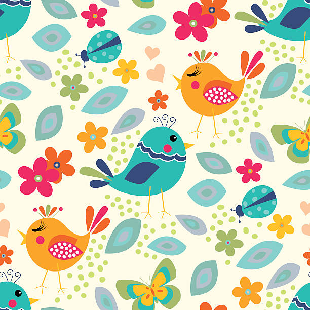 niedlich vögel nahtlose musterung - tree bird flower pattern stock-grafiken, -clipart, -cartoons und -symbole