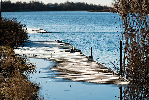 istock Partly submerged pier with frost cover 637144322