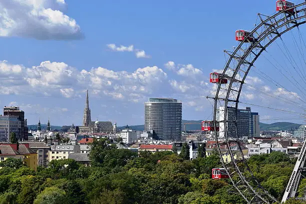 A panoramic view of Vienna, Capital City of Austria, Europe. Ferris Wheel in Prater Entertainment Park on the right, St. Stephen’s Cathedral in the background.