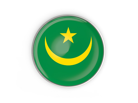 Flag of mauritania, round icon with metal frame isolated on white. 3D illustration