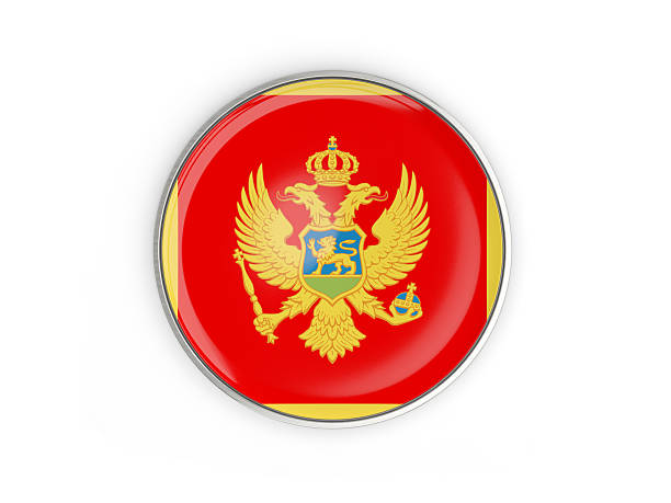 flag of montenegro, round icon with metal frame - karadağ bayrağı stok fotoğraflar ve resimler