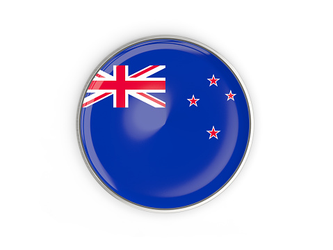 Flag of new zealand, round icon with metal frame isolated on white. 3D illustration