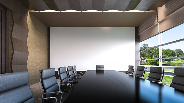 An empty meeting room / 3D Rendering meeting room with big projection screen corporate boardroom stock pictures, royalty-free photos & images