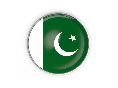 Flag of pakistan, round icon with metal frame isolated on white. 3D illustration