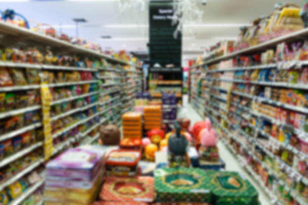 istock Supermarket blur background with miscellaneous product shelf 637154948