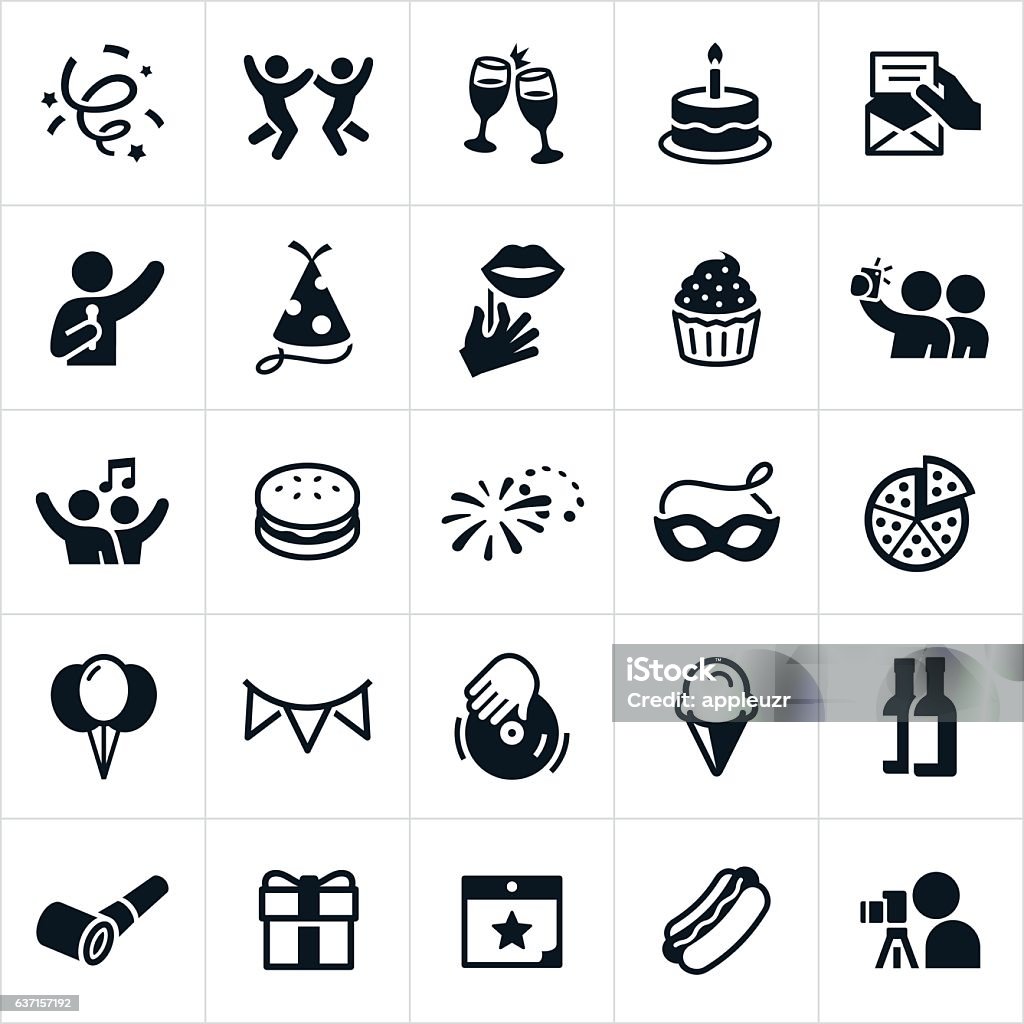 Celebration Icons A set of celebration or party icons. The icons include people celebrating, toast, confetti, cake, invitation, singing, dancing, party props, party hat, food, dessert, DJ, balloons, gift and other related icons. Icon Symbol stock vector