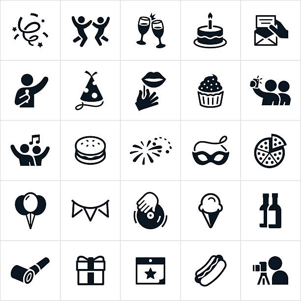 Celebration Icons A set of celebration or party icons. The icons include people celebrating, toast, confetti, cake, invitation, singing, dancing, party props, party hat, food, dessert, DJ, balloons, gift and other related icons. entertainment event stock illustrations