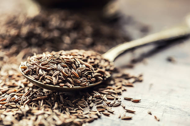 cumin.caraway seeds on wooden table. cumin in vintage bowl. - caraway imagens e fotografias de stock