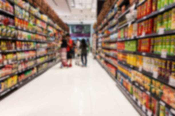 istock Supermarket blur background with miscellaneous product shelf 637157846
