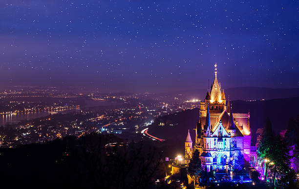 Beautiful night scene of the castle Dragonstone near Konigswinter - Bonn at the river rhine.