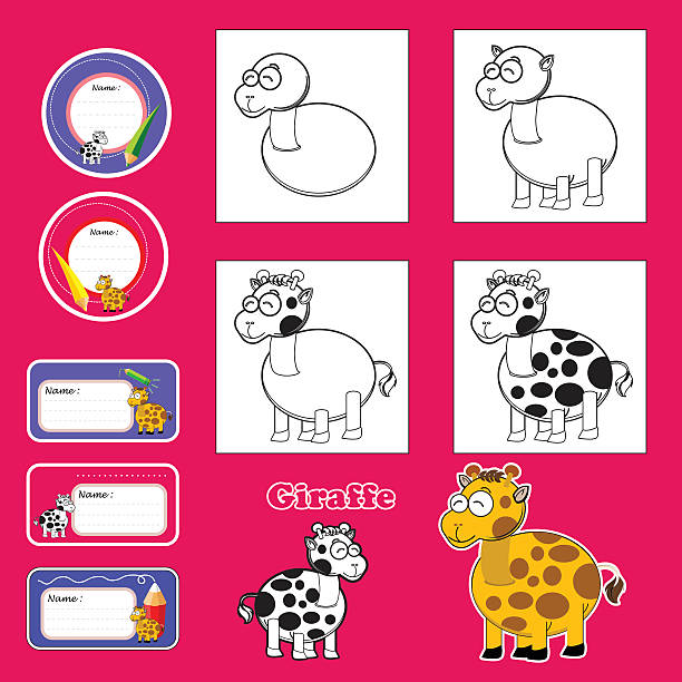 Step by step drawing a giraffe Step by step drawing tutorial. Visual game for kids. How to draw a giraffe.funny animals and tags and labels how to draw a house step by step for kids cartoon stock illustrations