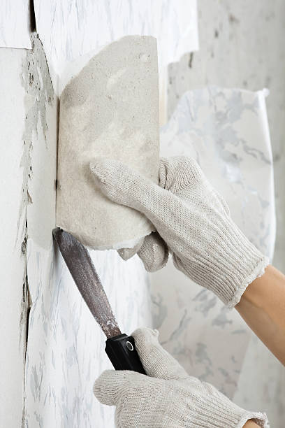 istock hand removing old wallpaper from wall with spatula 637163532