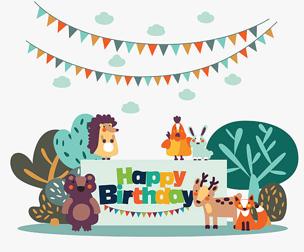 urocza karta wektorowa z zabawnymi uroczymi zwierzętami i girlandami - baby congratulating toy birthday stock illustrations