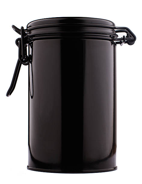 vue de face de la forme de cylindre de récipient mince noir métallique - can canned food container cylinder photos et images de collection