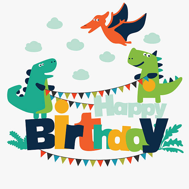 schöne illustration mit lustige dinosaurier. happy birthday niedliche karte konzept - baby congratulating toy birthday stock-grafiken, -clipart, -cartoons und -symbole