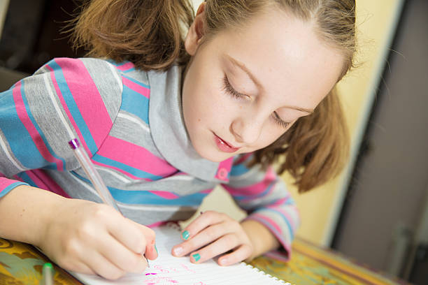 istock Little girl drawing at home 637167558